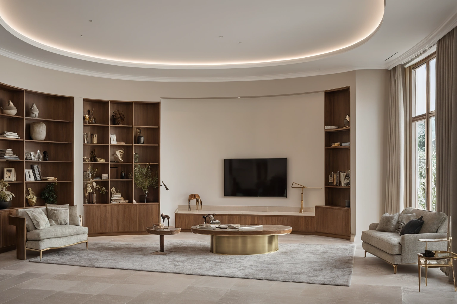 Luxury villa living room with bespoke walnut joinery built to follow a curved wall