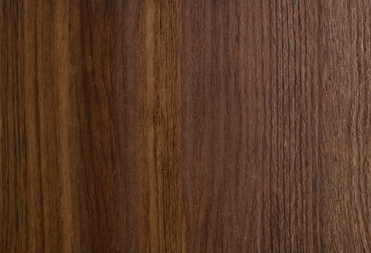 Macro detail of a walnut panel edge scribed to follow the uneven line of a plastered wall