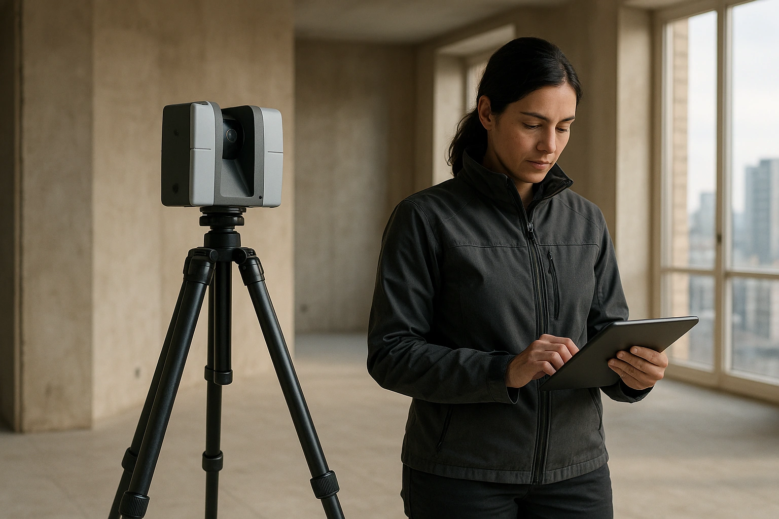 A surveyor using a laser scanner on a tripod to measure an unfinished luxury apartment interior