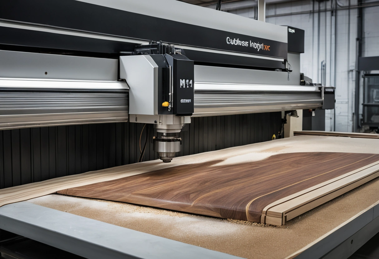 Industrial CNC router cutting a curved walnut panel in a joinery workshop