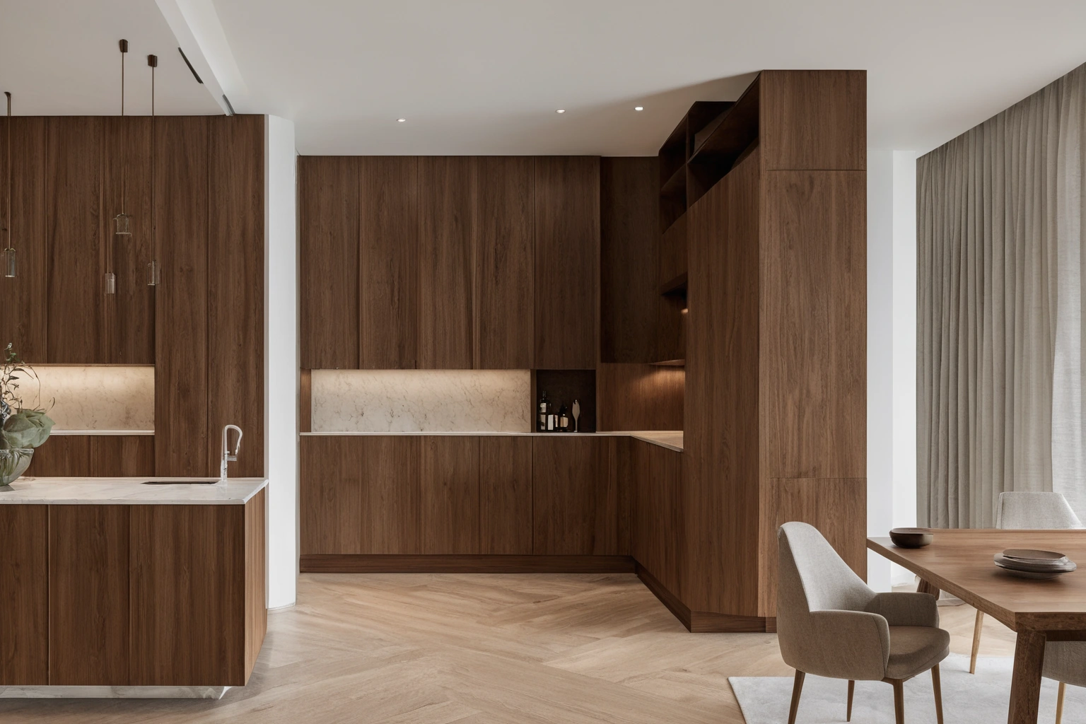 Bespoke cabinetry built around a structural column under a raking ceiling in a luxury interior